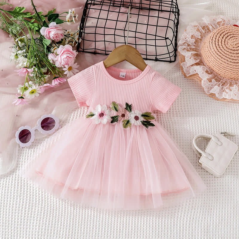 Baby Ribbed 3D Flower Tulle Dress