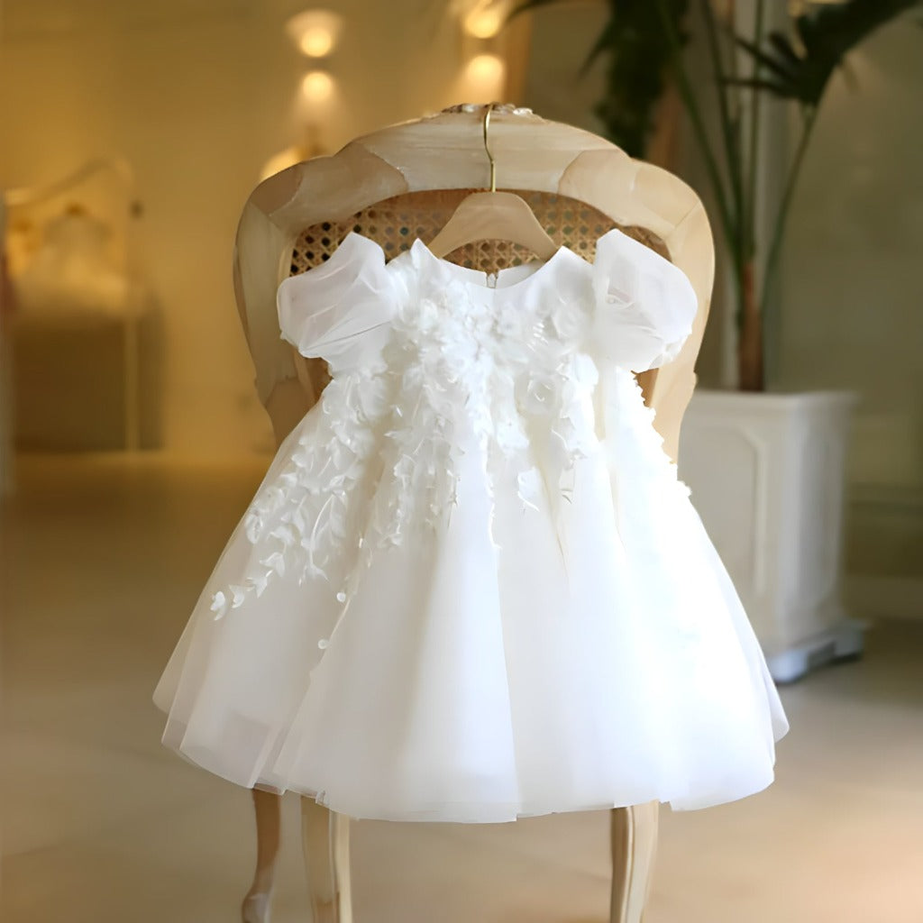 All White Tulle Flower Girl Dress with Ribbon Bow