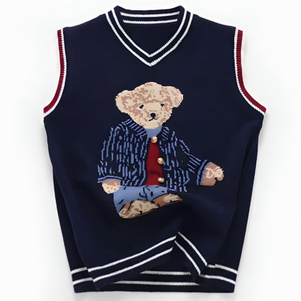 Bear Knit Cotton Sleeveless Pullover in Navy Blue