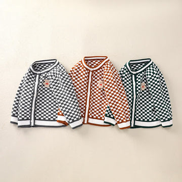 Toddler Knitted Bow Bear Plaid Cardigan