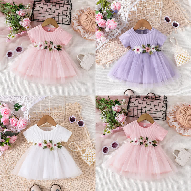 Baby Ribbed 3D Flower Tulle Dress