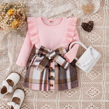 Baby Ribbed Ruffled Plaid Bow Set