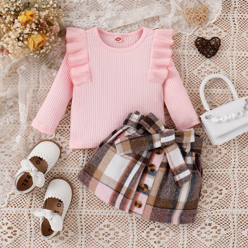 Baby Ribbed Ruffled Plaid Bow Set