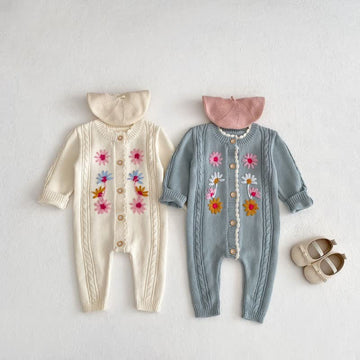 Baby Embroidered Flower Knitted Button Romper