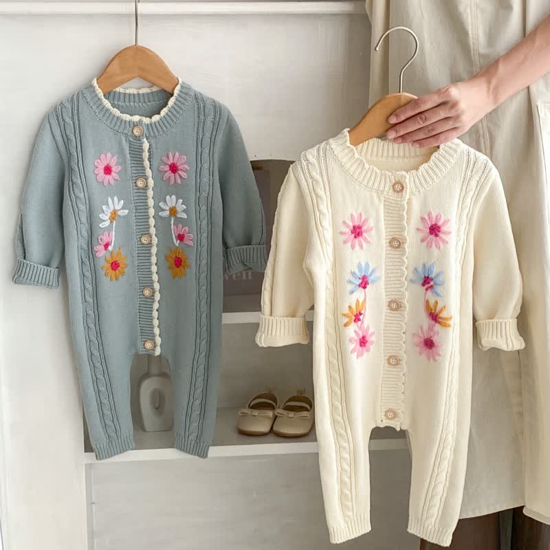 Baby Embroidered Flower Knitted Button Romper