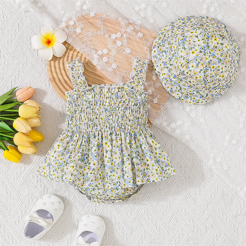 Baby Flower Sleeveless Skirted Bodysuit with Hat