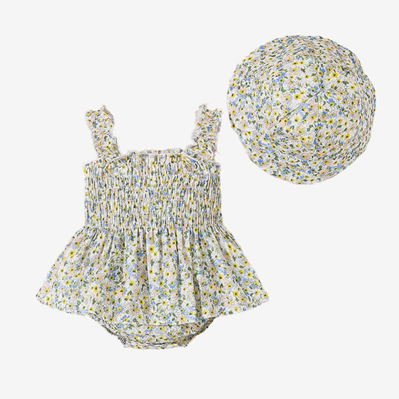 Baby Flower Sleeveless Skirted Bodysuit with Hat