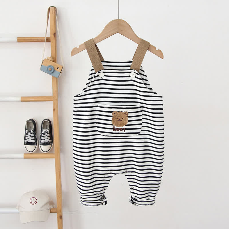 BEAR Baby Cartoon Pocket Striped Overalls