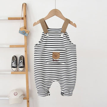 BEAR Baby Cartoon Pocket Striped Overalls