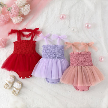 Baby Solid Color Bow Tulle Bodysuit