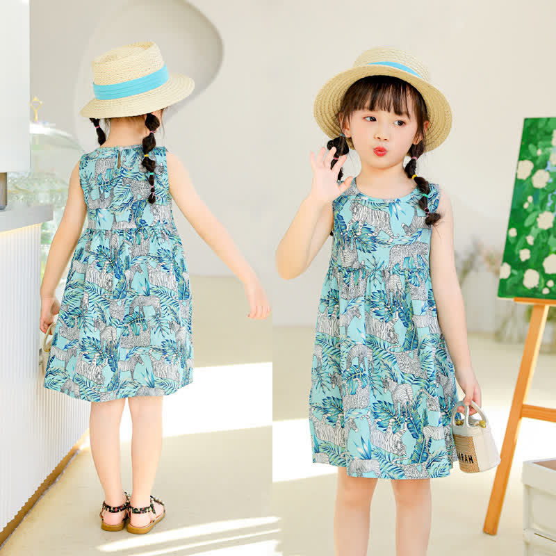 Toddler Girl Blue Leaf Animal Dress