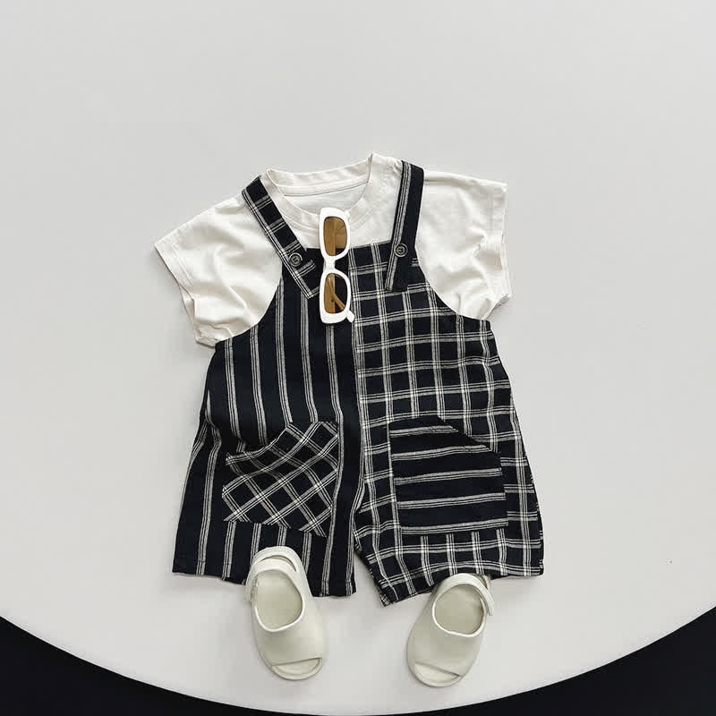 Toddler Design Plaid Striped Black Overalls