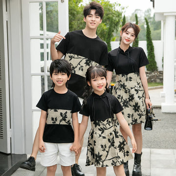 Family Matching Flower Black T-shirt Dress