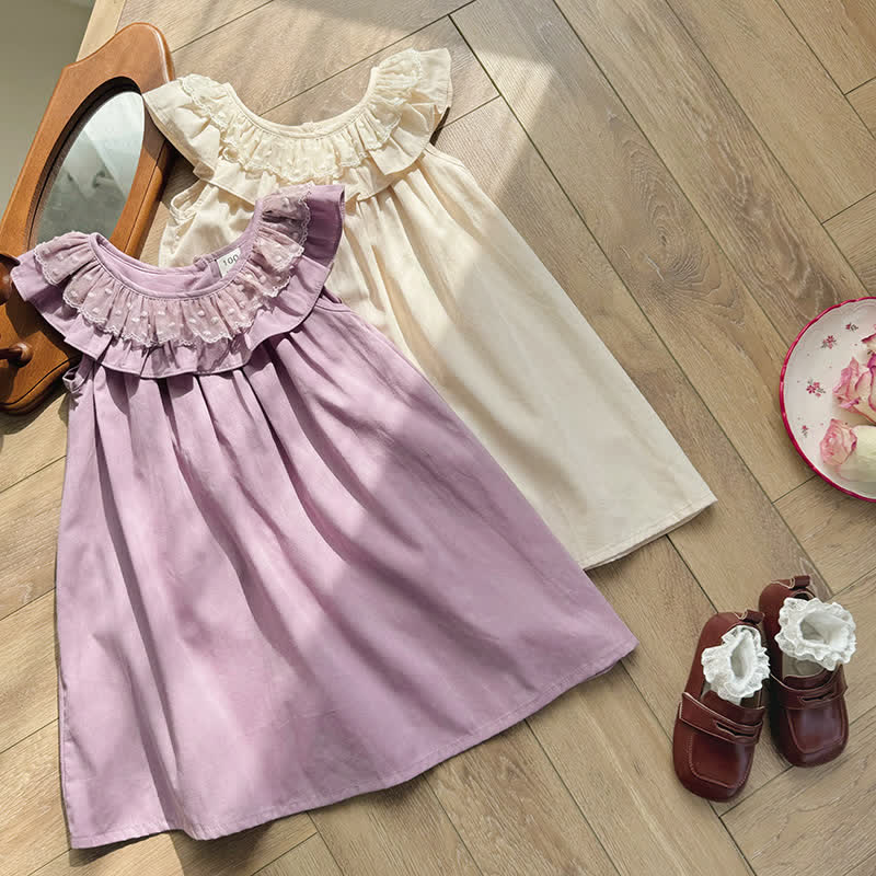 Toddler Solid Color Lace Collar Pleated Dress