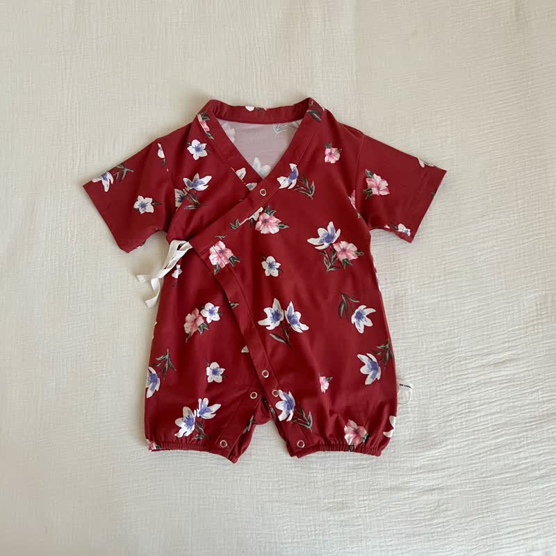 Baby Red Flower Kimono Pajamas Romper