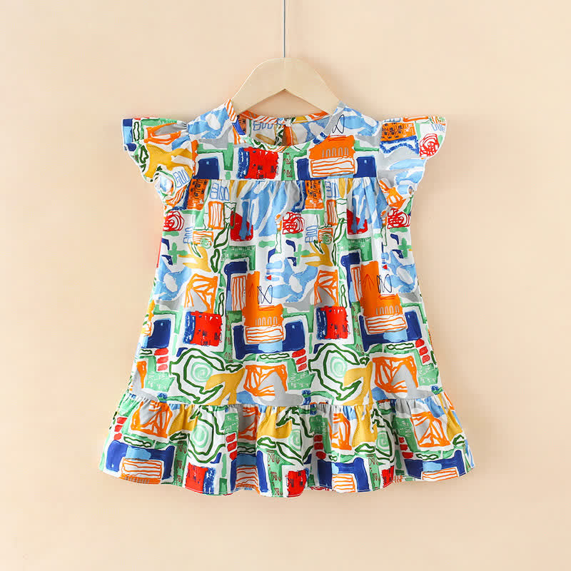 Toddler Multicolor Flower Graffiti Ruffled Dress