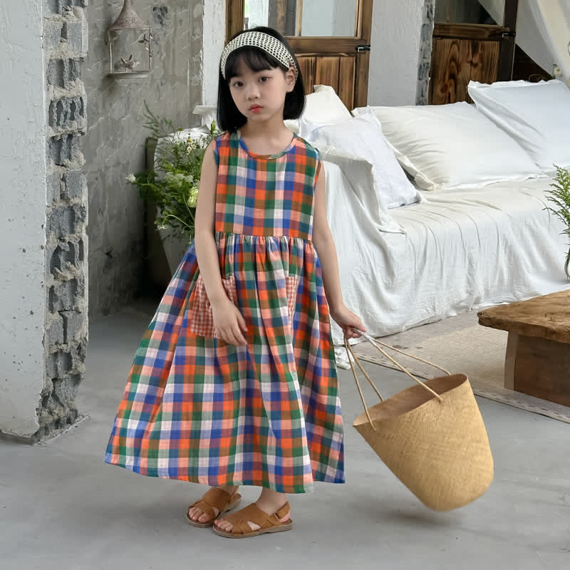 Toddler Color Block Plaid Pocket Dress