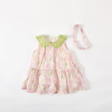 Baby Floral Lapels Sweet Dress with Headband