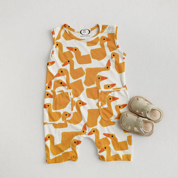 Baby Yellow Goose Pocket Sleeveless Romper