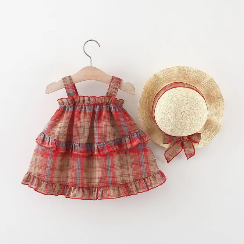 Baby Red Plaid Dress with Hat