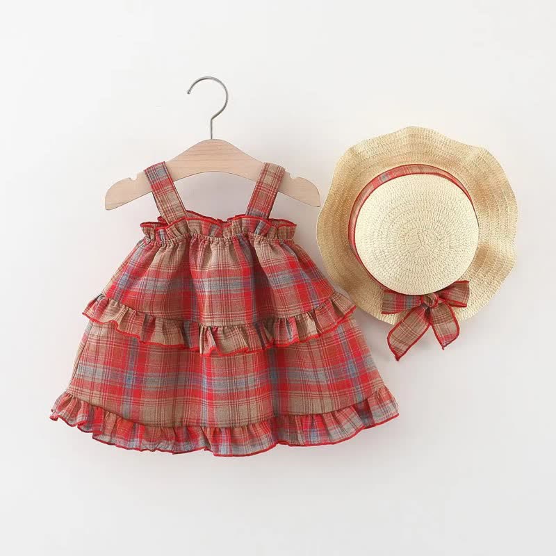 Baby Red Plaid Dress with Hat