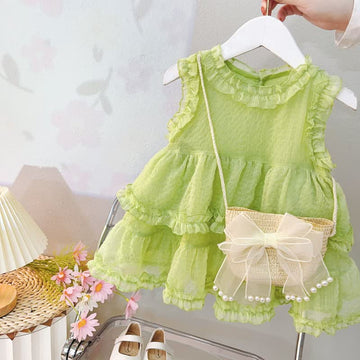 Toddler Green Dress with Bow Bag