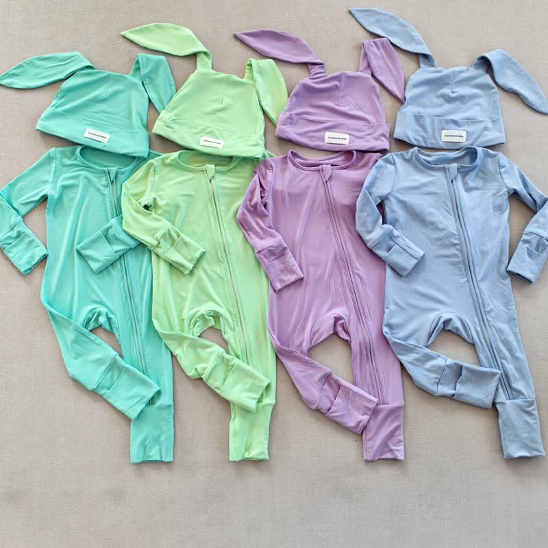 Baby Solid Color Romper with Bunny Hat