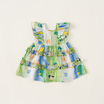 Toddler Green Flower Pleated Lace Dress