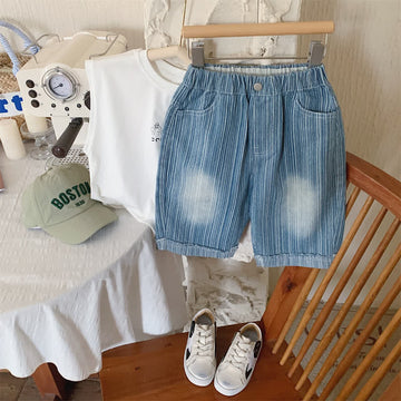 Toddler Vertical Striped Blue Denim Shorts