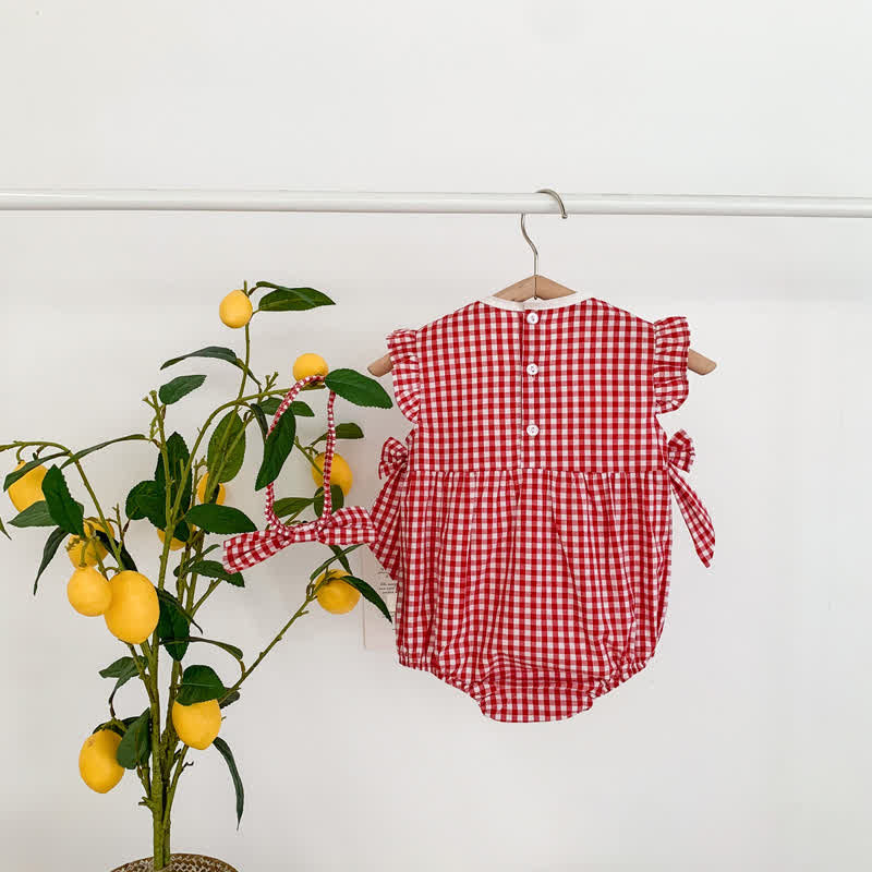 Baby Strawberry Red Plaid Bodysuit with Headband