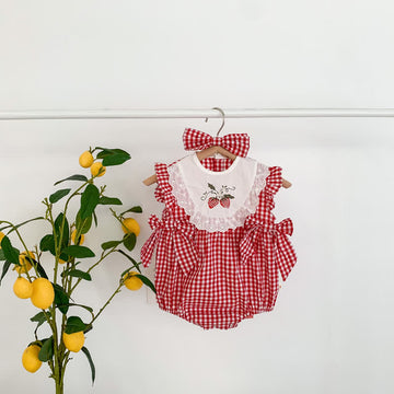 Baby Strawberry Red Plaid Bodysuit with Headband