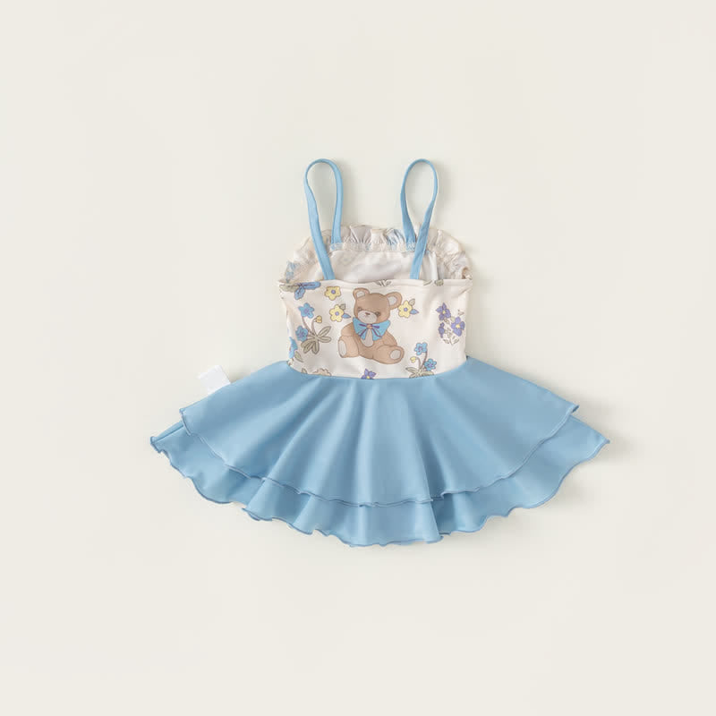 Toddler Blue Flower Bear Suspenders Swimwear