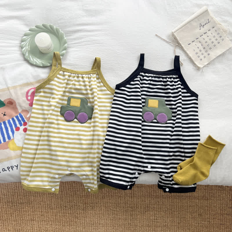 Baby Cartoon Car Striped Suspenders Romper