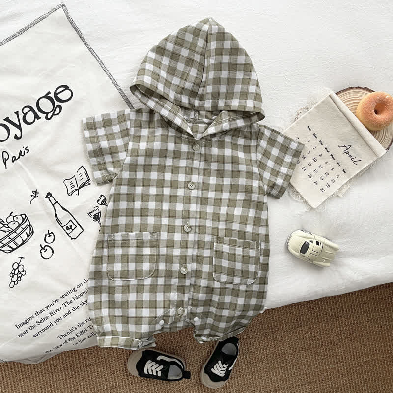 Baby Green Plaid Pocket Hooded Romper