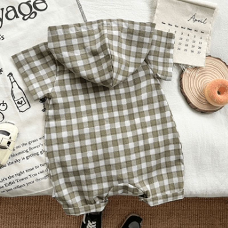 Baby Green Plaid Pocket Hooded Romper