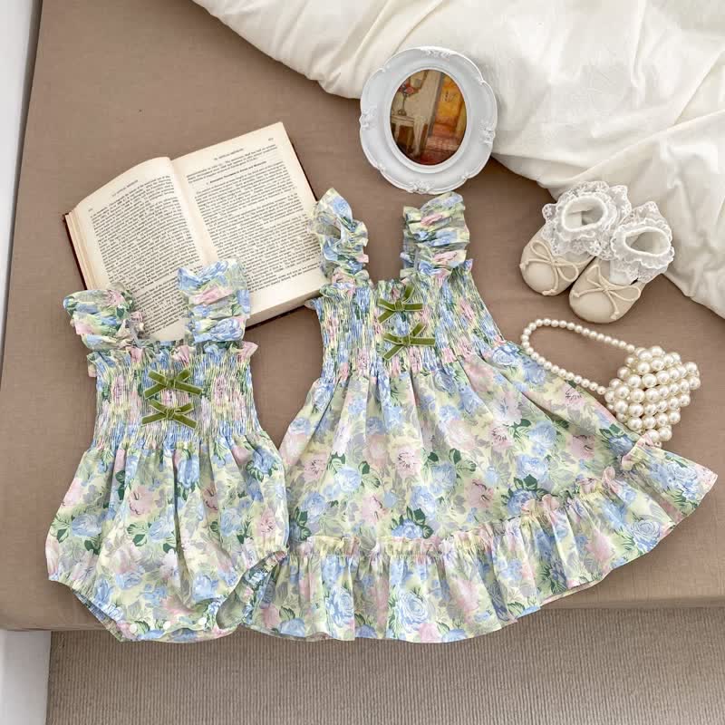 Baby Toddler Green Flower Ruffled Bodysuit Dress