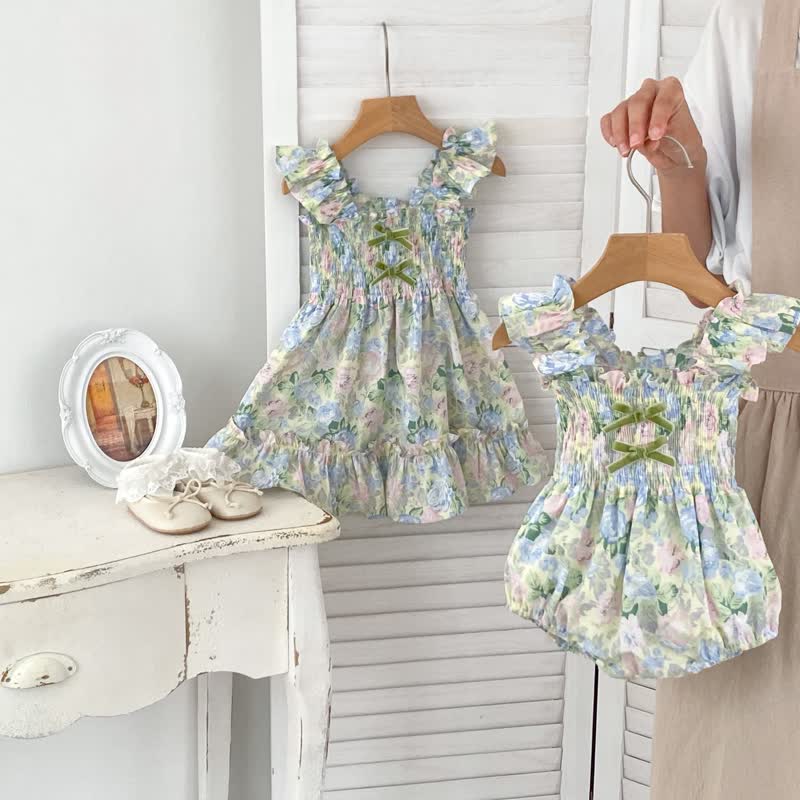 Baby Toddler Green Flower Ruffled Bodysuit Dress