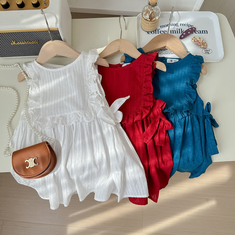 Toddler Solid Color Bows Pleated Lace Dress