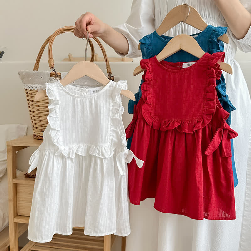 Toddler Solid Color Bows Pleated Lace Dress