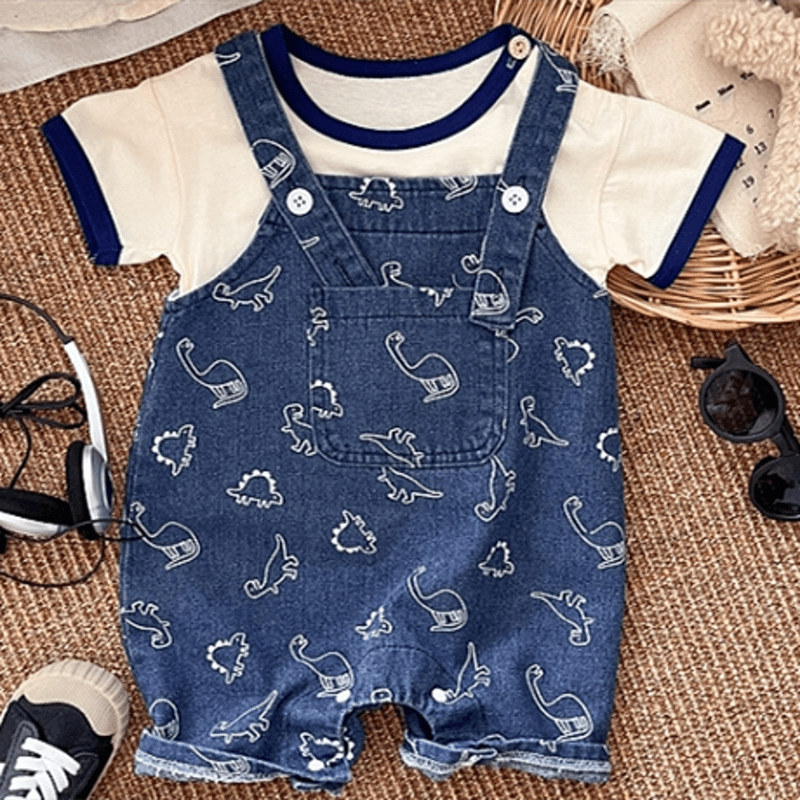 BLUEBERRIES Baby Dinosaur Denim Overalls T-shirt