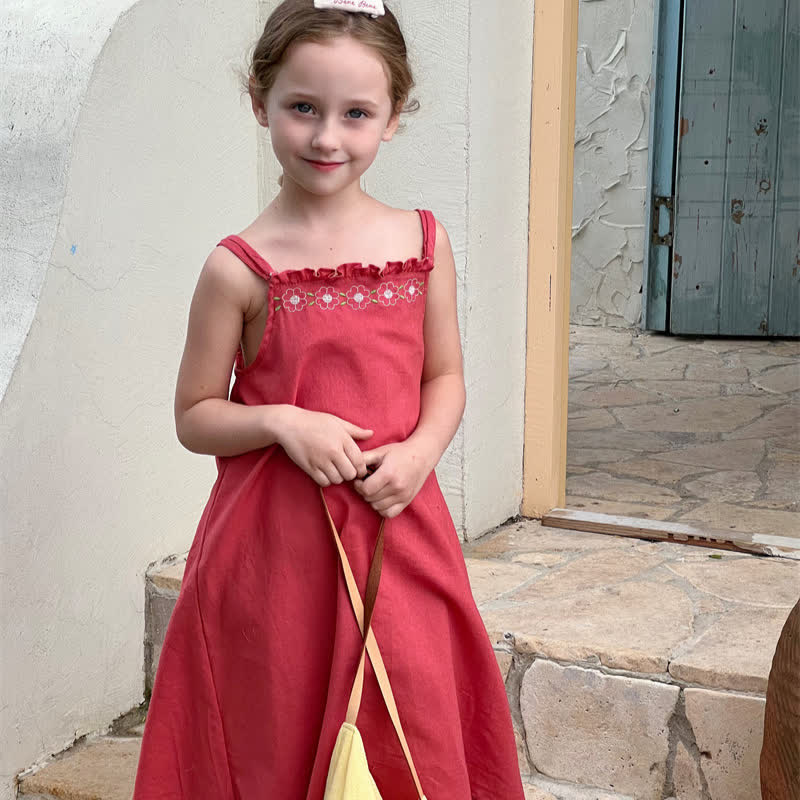 Toddler Embroidered Flower Red Suspenders Dress