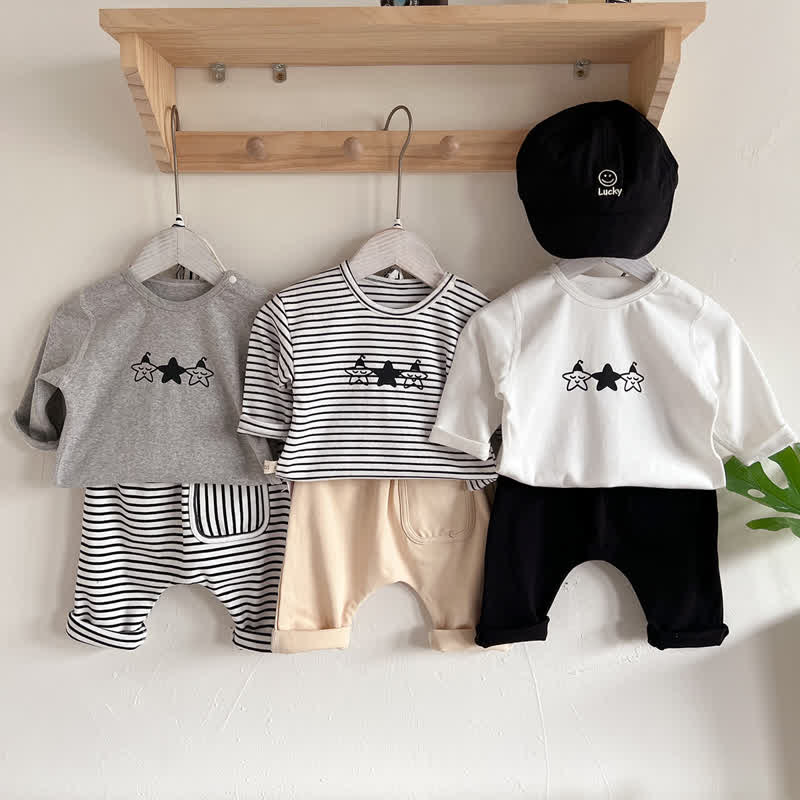 Baby Solid Color Striped Pants Star T-shirt