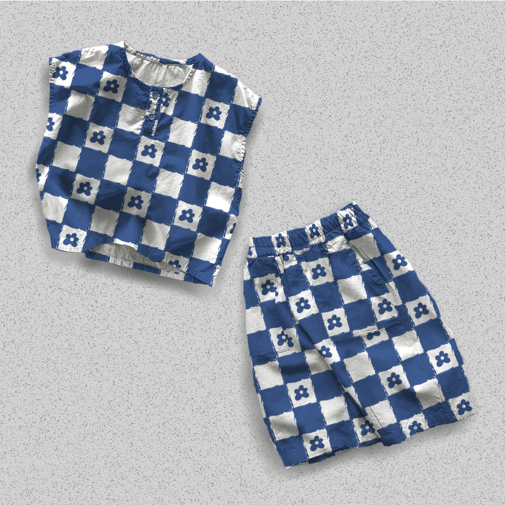 Blue White Checkerboard Floral Toddler Tank Top Set