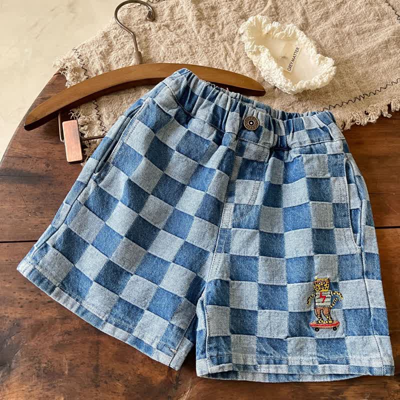 Toddler Embroidered Cheetah Plaid Denim Shorts