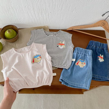 Baby Toddler Striped T-shirt Animal Denim Shorts