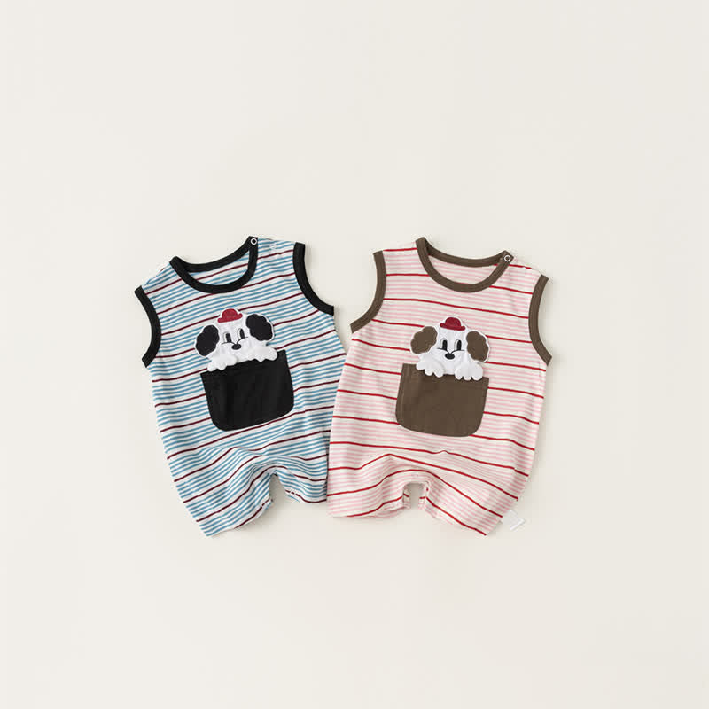 Baby Cartoon Dog Striped Sleeveless Romper