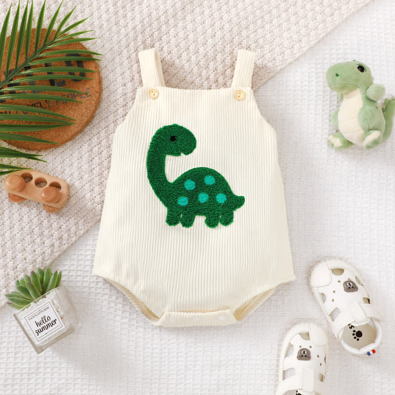 Baby Embroidered Dinosaur Corduroy White Overalls