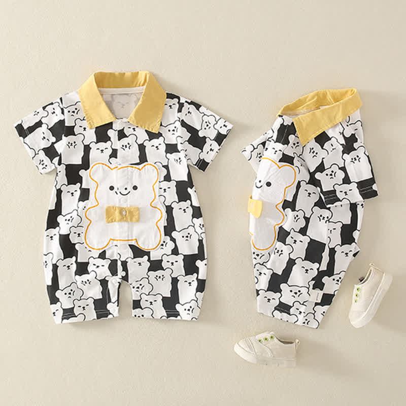 Baby Allover Bear Polo Black Romper