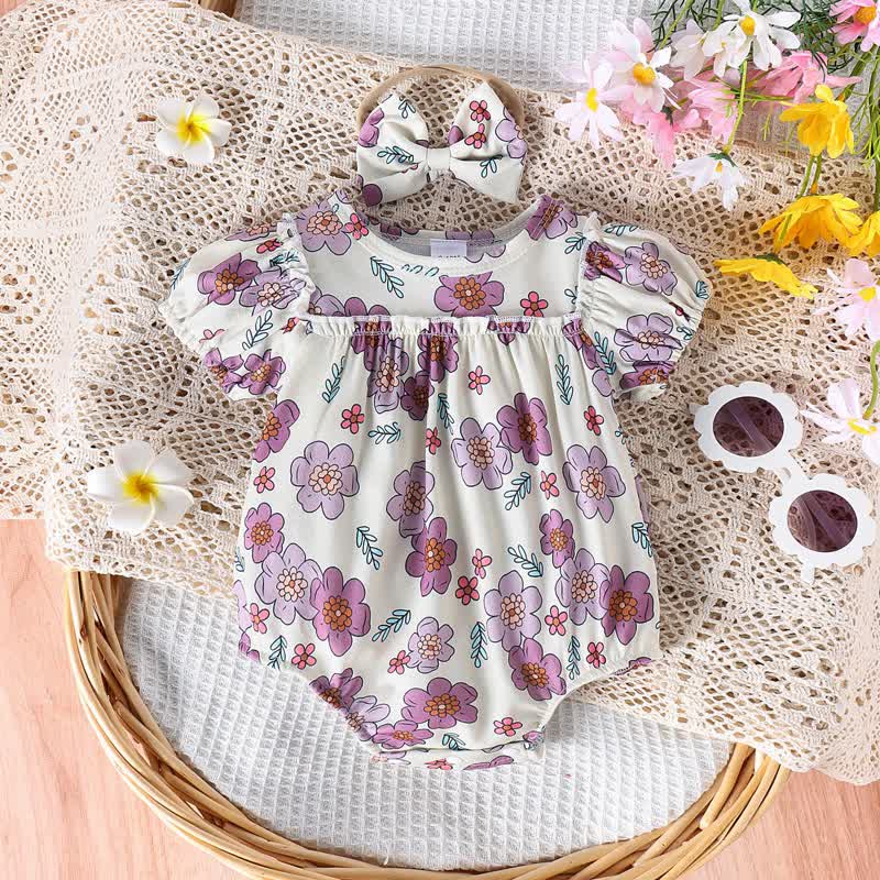 Baby Flower Puff Sleeves Bodysuit with Headband