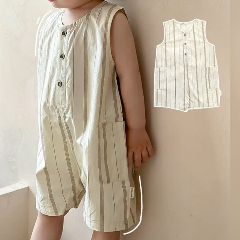 Baby Sleeveless Vertical Striped Beige Romper